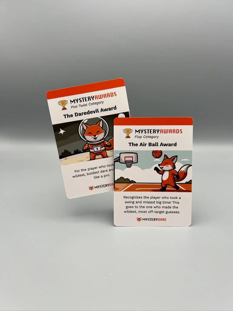 Two Mystery Award cards standing upright, including 'The Air Ball Award'