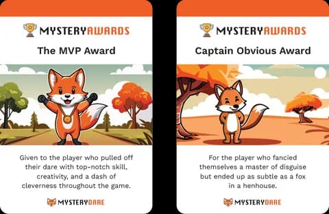 Two Mystery Award cards: 'The MVP Award' and 'Captain Obvious Award'
